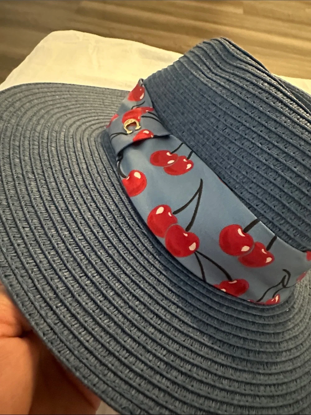 Coach Blue Straw Wide-Brim Hat with Cherry Band